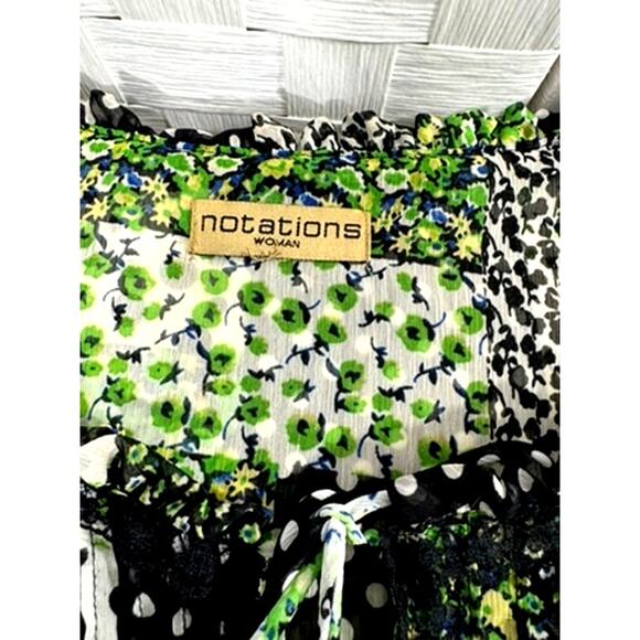 "Notations" Patchwork Sheer Blouse, TIe in Front,Ruffled Sleeves.Artsy,Country - Picture 6 of 8